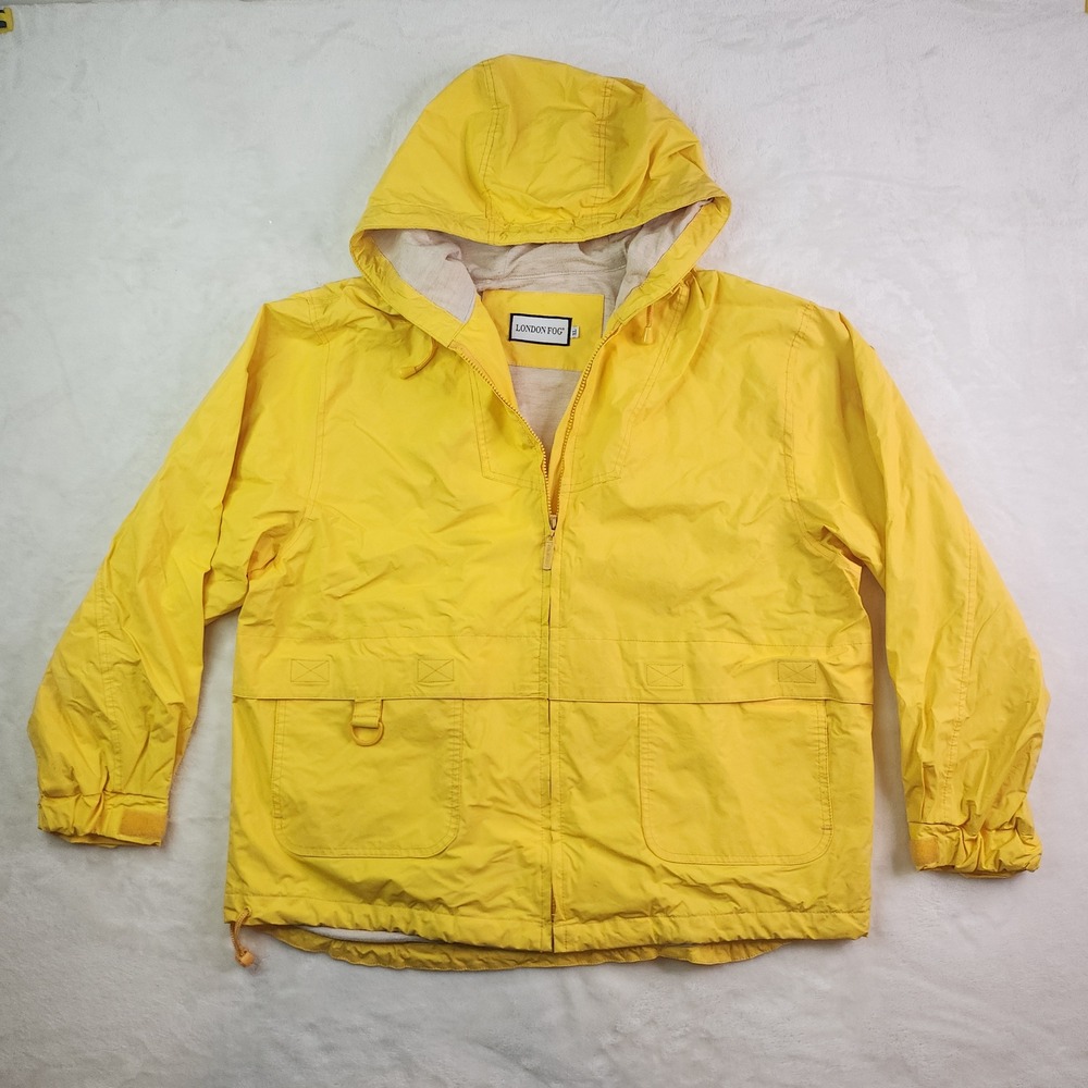Vintage 90s London Fog Yellow Utility Rain Jacket Mens XL PVC Hooded Gorpcore